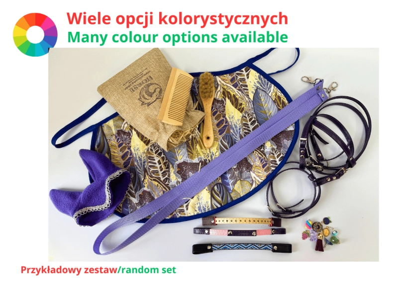 ZESTAW AKCESORIÓW - 7 ELEMENTÓW (derka, nauszniki, ogłowie, wodze, 3 naczółki, 10 charmsów, zestaw szczotek ) - RÓŻNE KOLORY DO WYBORU