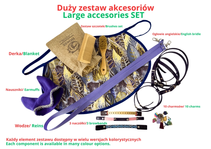 ZESTAW AKCESORIÓW - 7 ELEMENTÓW (derka, nauszniki, ogłowie, wodze, 3 naczółki, 10 charmsów, zestaw szczotek ) - RÓŻNE KOLORY DO WYBORU