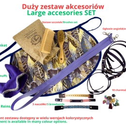 ZESTAW AKCESORIÓW - 7 ELEMENTÓW (derka, nauszniki, ogłowie, wodze, 3 naczółki, 10 charmsów, zestaw szczotek ) - RÓŻNE KOLORY DO WYBORU