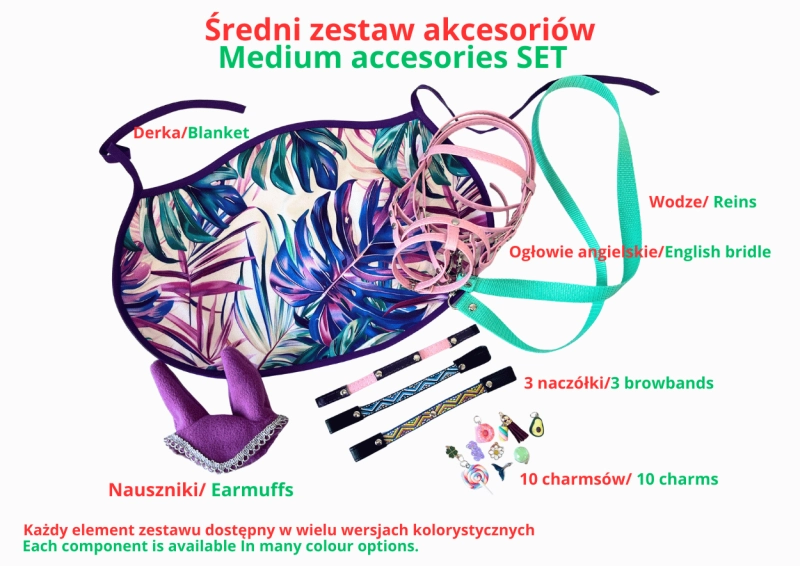 ZESTAW AKCESORIÓW - 6 ELEMENTÓW (derka, nauszniki, ogłowie, wodze, 3 naczółki, 10 charmsów ) - RÓŻNE KOLORY DO WYBORU