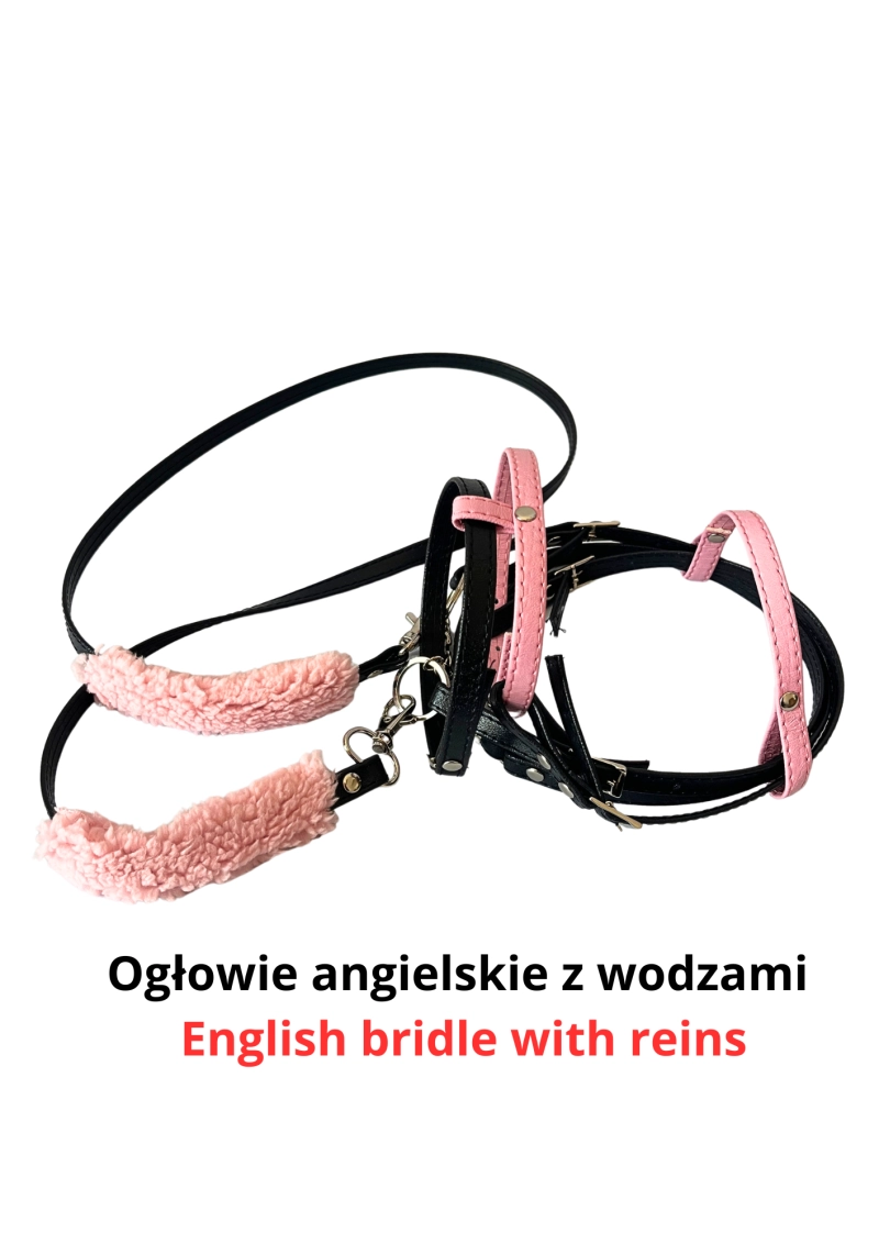 Zestaw sprzętu EKOSKÓRA czarno - różowy: ogłowie angielskie, wodze, napierśnik, kantar