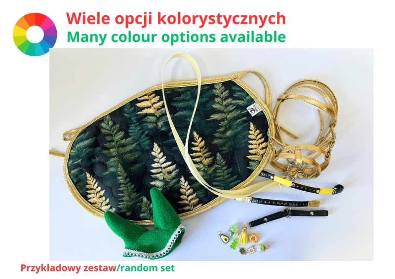 ZESTAW AKCESORIÓW - 6 ELEMENTÓW (derka, nauszniki, ogłowie, wodze, 3 naczółki, 10 charmsów ) - RÓŻNE KOLORY DO WYBORU