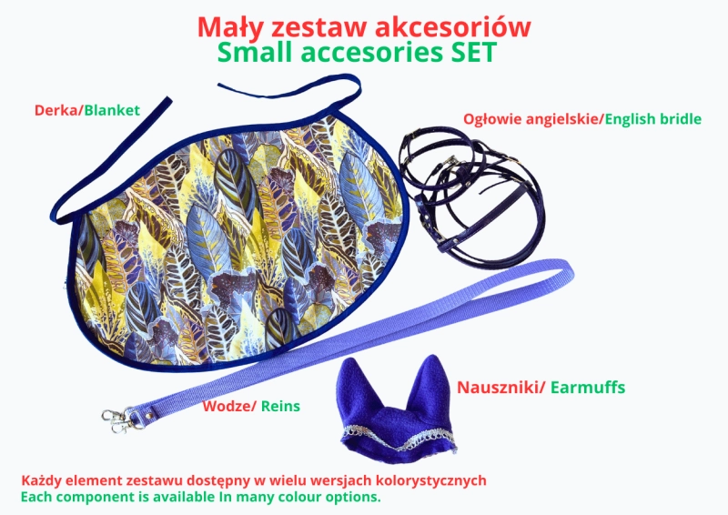 ZESTAW AKCESORIÓW - 4 ELEMENTY (derka, nauszniki, ogłowie, wodze) - RÓŻNE KOLORY DO WYBORU