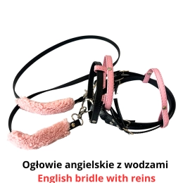 Zestaw sprzętu EKOSKÓRA czarno - różowy: ogłowie angielskie, wodze, napierśnik, kantar